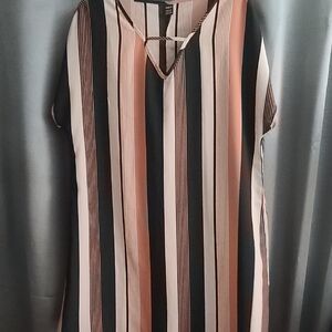SHEIN V Curve Dress Black, Tan and Orange Vertical Striped Midi  Dress PTP 23.5